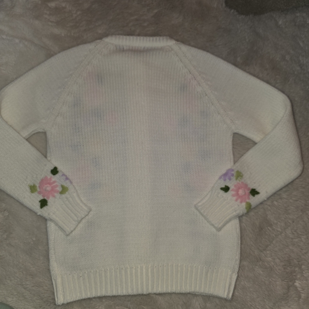 Vintage 50s Floral Embroidered White Cardigan Sweater Size Medium - Picture 5 of 9